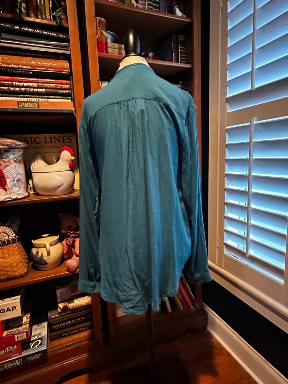 Anthropologie Teal Long-Sleeve Tie-Neck Blouse - Picture 4 of 13